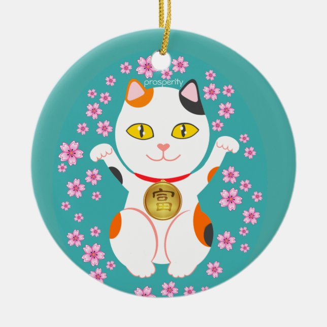Maneki Neko Japanese Beckoning Lucky Cat Keramik Ornament (Vorne)