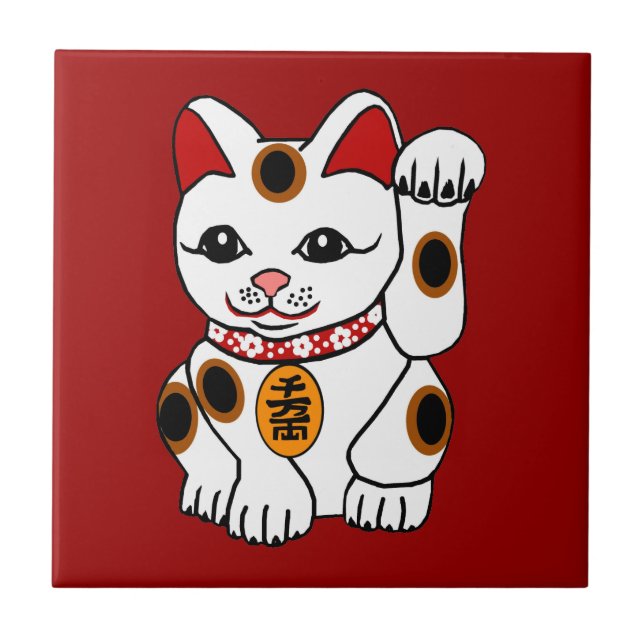 Maneki Neko Katze auf rotem Hintergrund Fliese (Vorderseite)