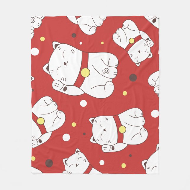 Maneki-Neko Katze, japanisches Doodle-Muster. Fleecedecke (Vorderseite)