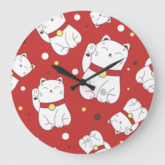 Maneki-Neko Katze, japanisches Doodle-Muster. Große Wanduhr (Vorderseite)