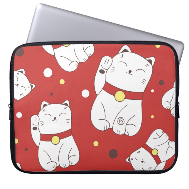 Maneki-Neko Katze, japanisches Doodle-Muster. Laptopschutzhülle (Vorderseite)