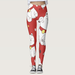 Maneki-Neko Katze, japanisches Doodle-Muster. Leggings