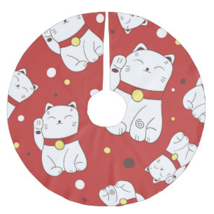 Maneki-Neko Katze, japanisches Doodle-Muster. Polyester Weihnachtsbaumdecke