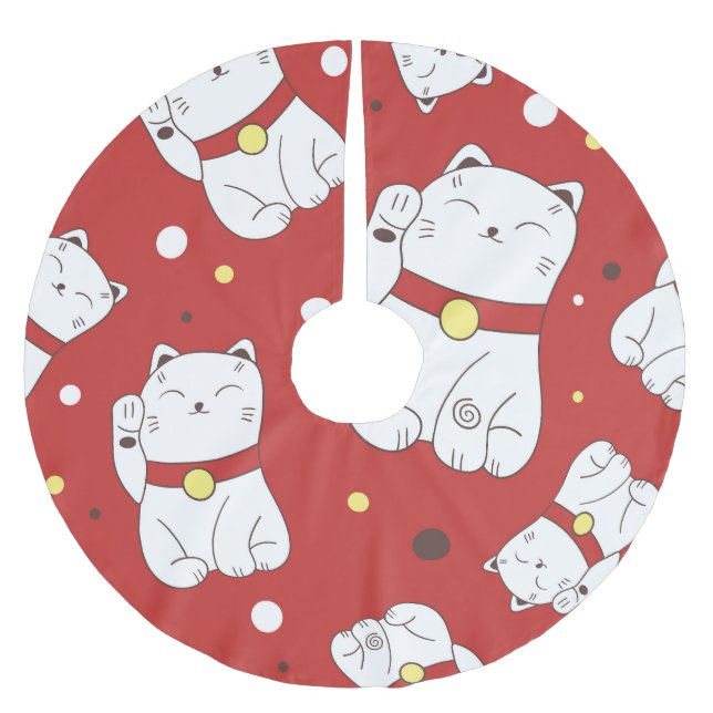 Maneki-Neko Katze, japanisches Doodle-Muster. Polyester Weihnachtsbaumdecke (Vorderseite)