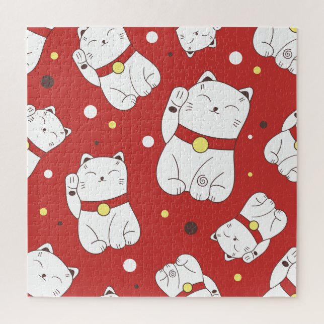 Maneki-Neko Katze, japanisches Doodle-Muster. Puzzle (Vertikal)