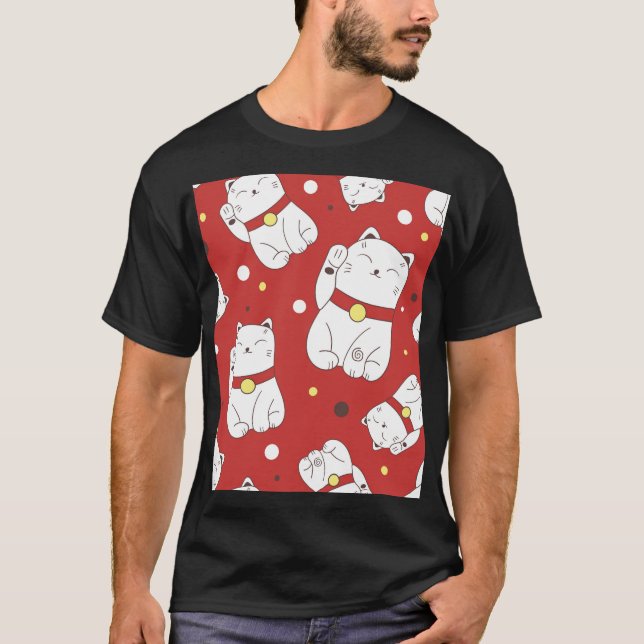Maneki-Neko Katze, japanisches Doodle-Muster. T-Shirt (Vorderseite)