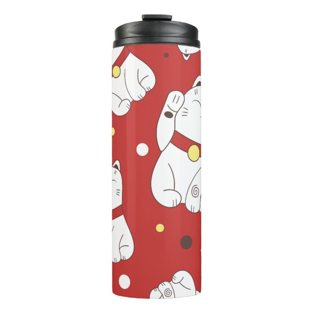 Maneki-Neko Katze, japanisches Doodle-Muster. Thermosbecher (Vorderseite)