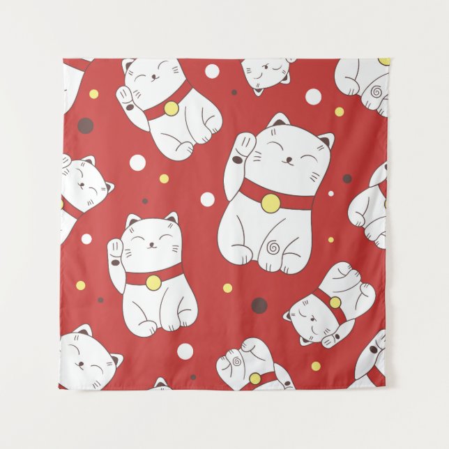 Maneki-Neko Katze, japanisches Doodle-Muster. Wandteppich (Vorderseite)