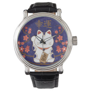 Maneki-neko Katze mit viel Glück-Kanji Armbanduhr