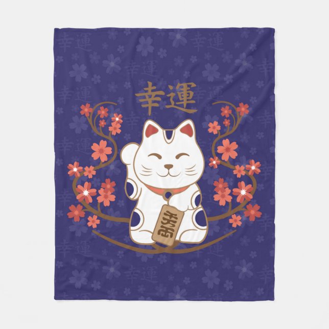 Maneki-neko Katze mit viel Glück-Kanji Fleecedecke (Vorderseite)