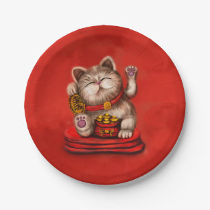 Maneki-neko Katzensprung auf Rot Pappteller