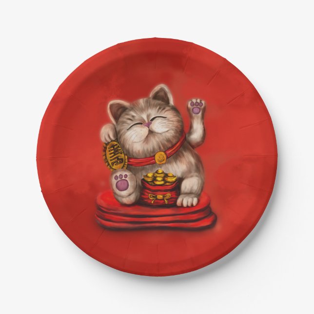 Maneki-neko Katzensprung auf Rot Pappteller (Vorderseite)