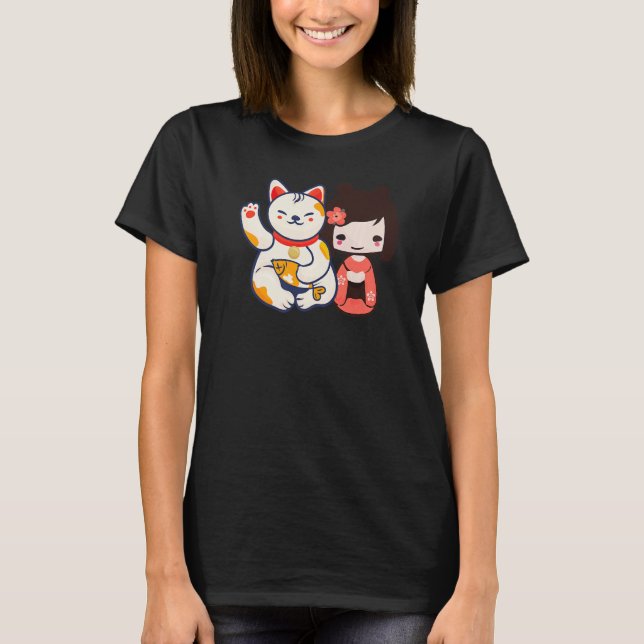 Maneki Neko Lucky Beckonkonkoning Cat mit Niedlich T-Shirt (Vorderseite)