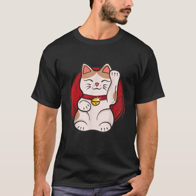 Maneki Neko Lucky Cat Statue Waving Japanese Style T-Shirt (Vorderseite)