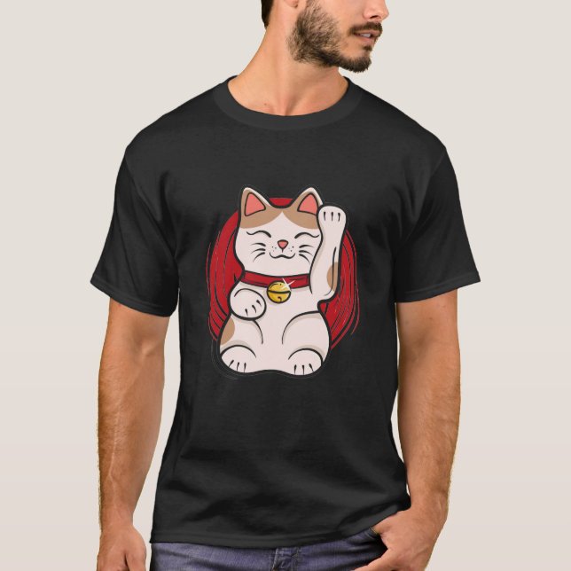 Maneki Neko Lucky Cat Statue Waving Japanese Style T-Shirt (Vorderseite)