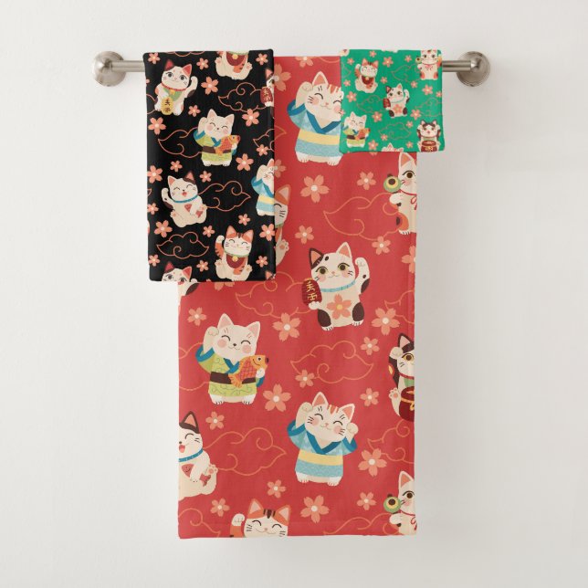Maneki Neko Lucky Cats Badehandtuch-Set Badhandtuch Set (Insitu)