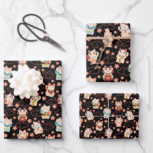 Maneki Neko Lucky Cats Wrapping Paper Set Geschenkpapier Set (Vorderseite)