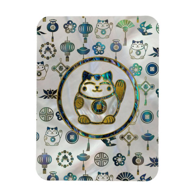 Maneki Neko Lucky Katze auf Perle und Abalone Magnet (Vertikal)
