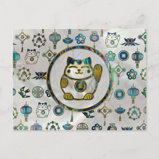 Maneki Neko Lucky Katze auf Perle und Abalone Postkarte (Vorderseite)