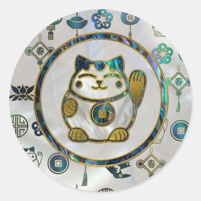 Maneki Neko Lucky Katze auf Perle und Abalone Runder Aufkleber (Vorderseite)