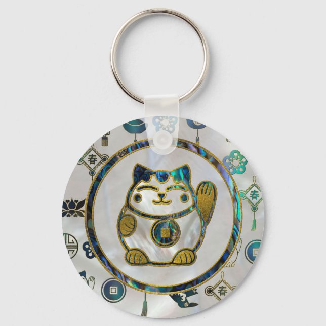 Maneki Neko Lucky Katze auf Perle und Abalone Schlüsselanhänger (Vorderseite)