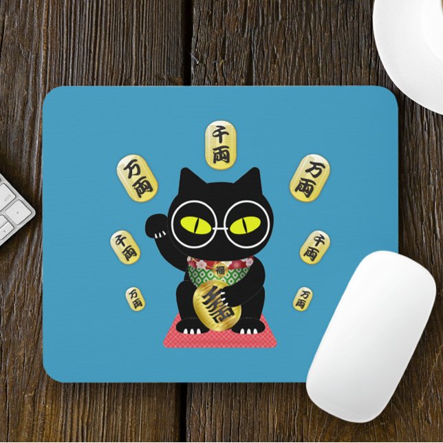 Maneki Neko Lucky Poilue Mousepad (A Maneki Neko Lucky Poilue Mouse Pad is on the table.)