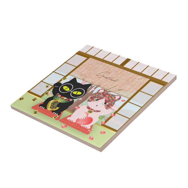 Maneki Neko Lucky Poiluna Keramik Fliese (Seite)