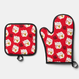 Maneki Neko Niedlich Lucky Cat auf Red Ofenhandschuh & Topflappen-Set