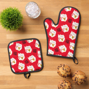 Maneki Neko Niedlich Lucky Cat auf Red Ofenhandschuh & Topflappen-Set