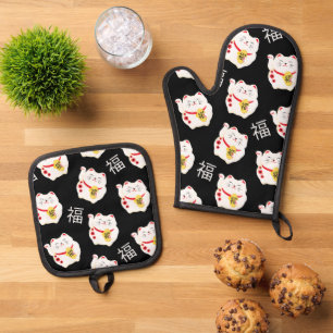 Maneki Neko Niedlich Lucky Cat Ofenhandschuh & Topflappen-Set