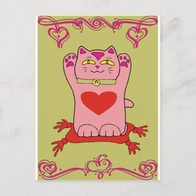 Maneki Neko Pink Cat mit Herz Postkarte (Vorderseite)