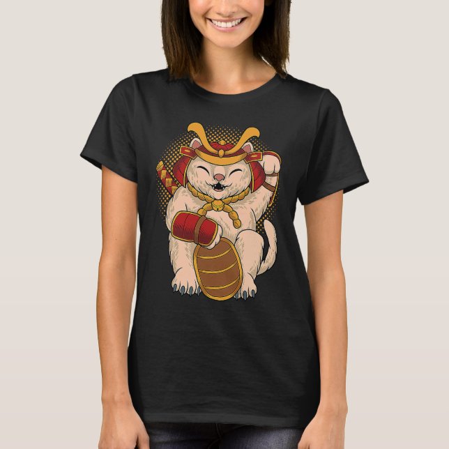 Maneki Neko Samurai Japan Lucky Cat Lucky Money ON T-Shirt (Vorderseite)