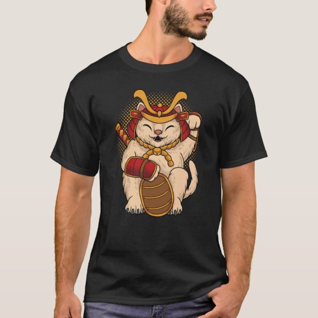 Maneki Neko Samurai Japanese Lucky Cat Lucky Money T-Shirt (Vorderseite)
