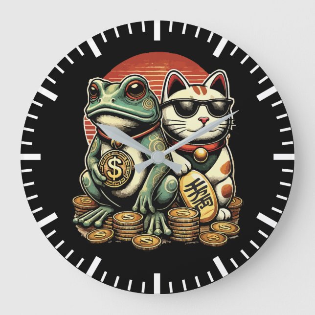 Maneki Neko und Jin Chan - Glück und Wohlstand Große Wanduhr (Vorderseite)