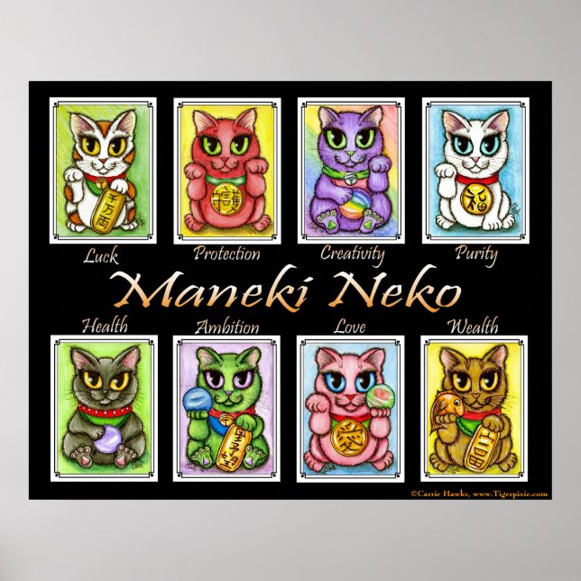Maneki Neko Viel Glück Cats Fantasy Cat Art Poster (Vorne)