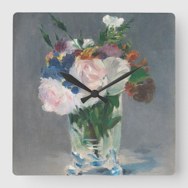 Manet | Blumen in einem Kristallvase, c.1882 Quadratische Wanduhr (Vorderseite)