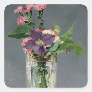 Manet   Rosa und Clematis in einem KristallVase, Quadratischer Aufkleber