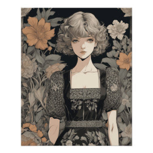 Manga Girl in LBD - Retro Elegance Anime AI Print Poster