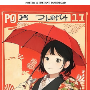 Manga Girl mit einem roten Regenschirm   Japanisch Poster