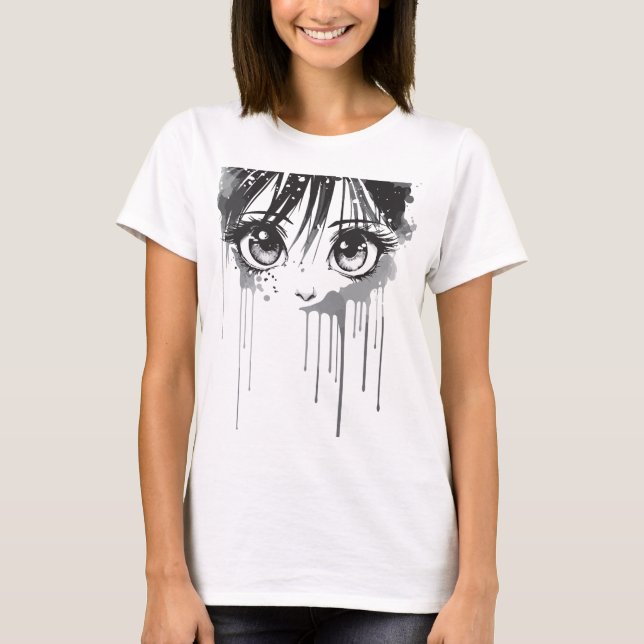 Manga Girl mit farbenprächtigem Blick T-Shirt (Vorderseite)