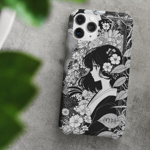 Manga Girl Schwarz-weiße Monogramm-Individuelle Na iPhone 16 Hülle