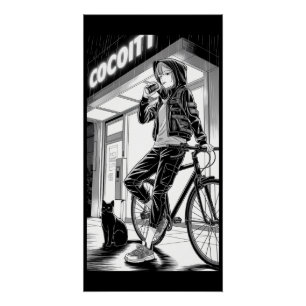 Manga-Monochrom-Illustration - Cyberpunk-Mädchen Poster
