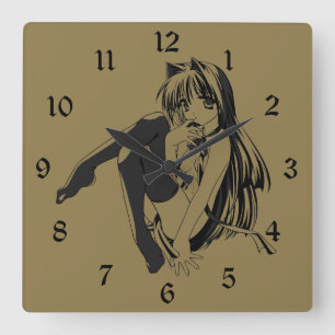 Manga, Neko Catgirl Furry Kawaii Loli Quadratische Wanduhr