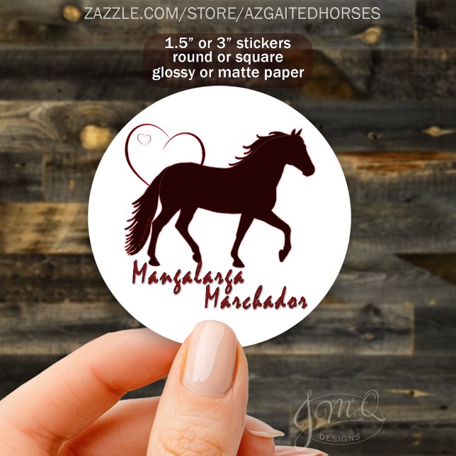 Mangalarga Marchador Silhouette Horse Runder Aufkleber (Round sticker with Mangalarga Marchador horse silhouette, heart outline, text “Mangalarga Marchador")