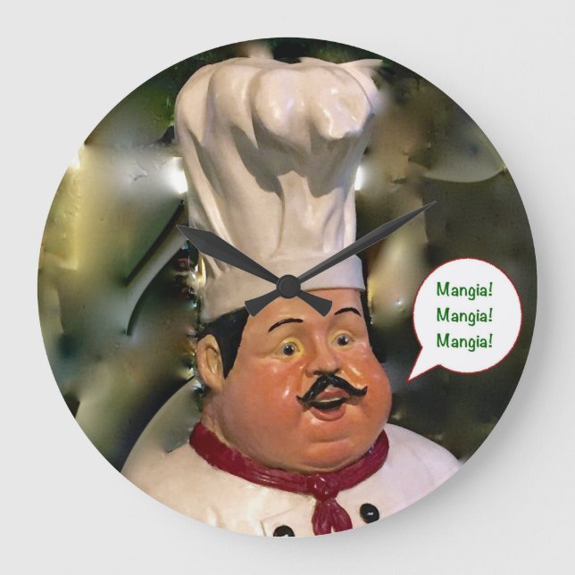 Mangia, Mangia, Mangia Kitchen Clock Große Wanduhr (Vorderseite)