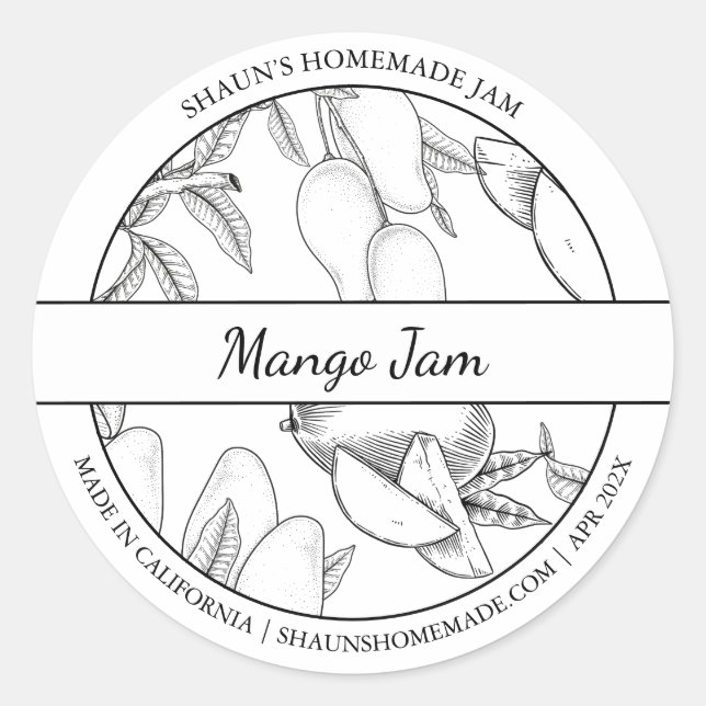 Mango-Jam-Label für Schwarz-Weiß-Sketch Runder Aufkleber (Vorderseite)