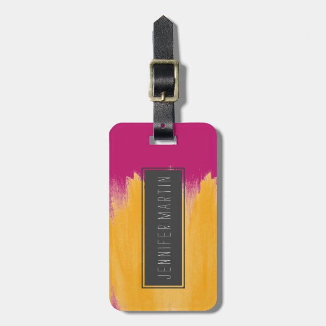 Mangogelbe Brushstrokes auf Erdbeerrosa Gepäckanhänger (Vorderseite vertikal)