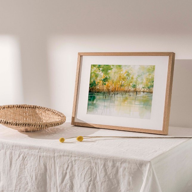 Mangrove Embrace: Vibrannende Aquarellschrift Poster (Vibrant mangrove trees in this exquisite watercolor print, showcasing lush green and yellow hues.)