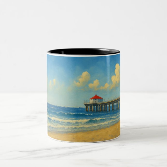 Manhattan Beach Pier mit Rotem Dach Zweifarbige Tasse (Mittel)