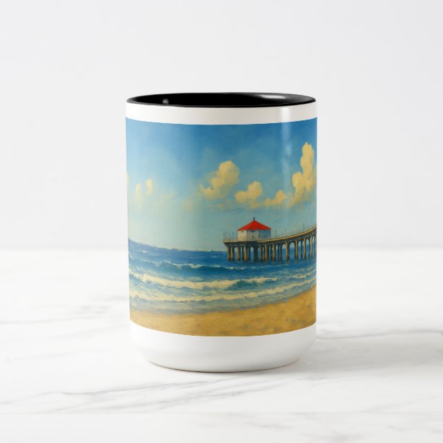 Manhattan Beach Pier mit Rotem Dach Zweifarbige Tasse (Mittel)